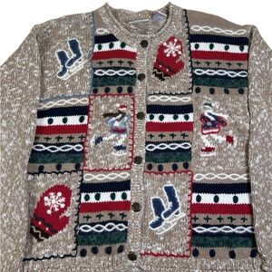 VTG 90s North Crest Chunky Knit Ice Skating Cardigan Sweater XL Cabincore Winter